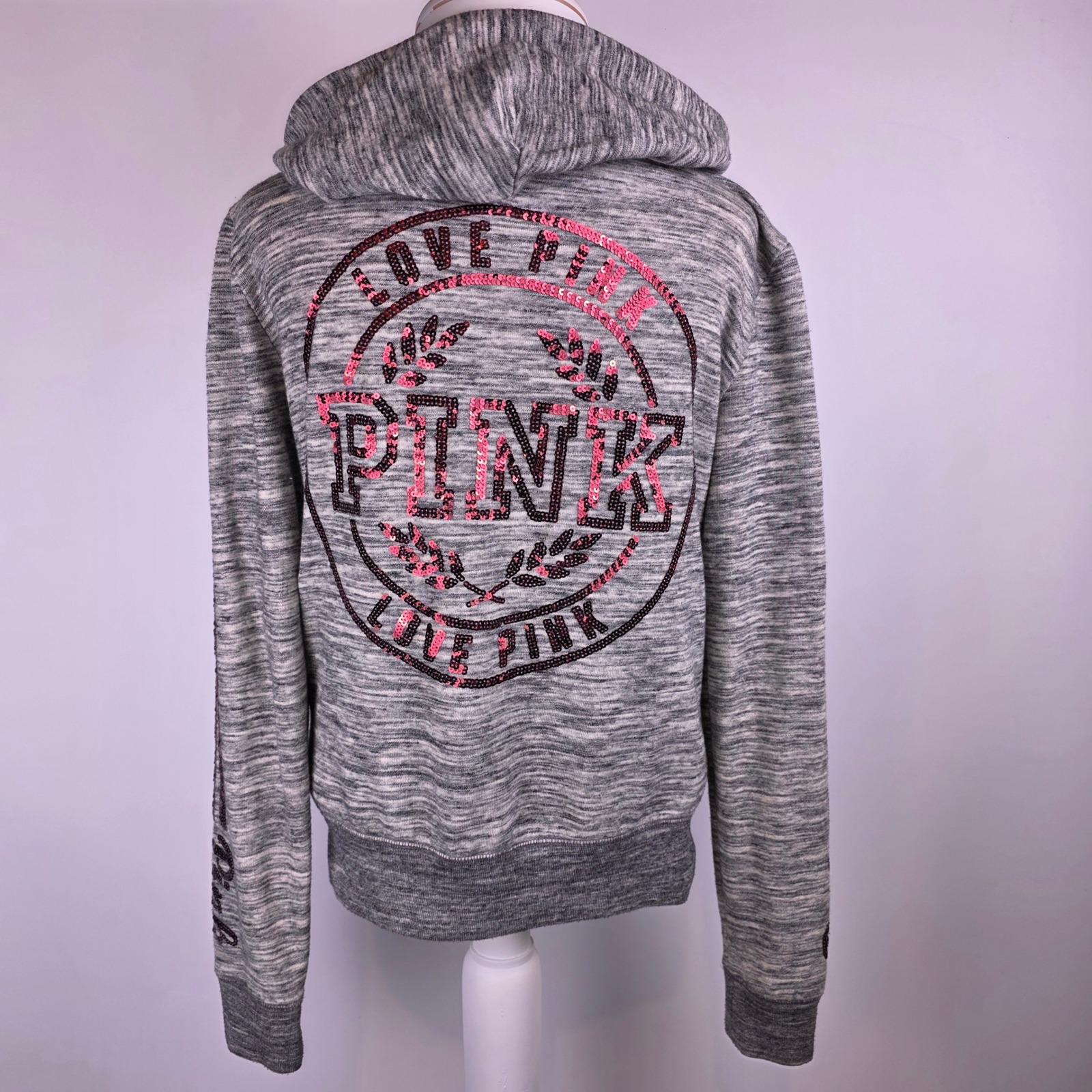 Victoria's Secret Pink Hoodie Grey Marbled Sequin Logo Zip Up Sweatshirt Small